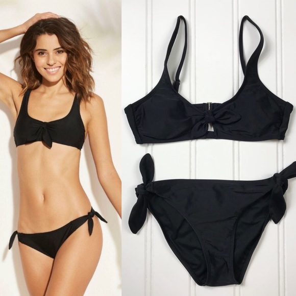 Xhilaration Tie-Front Black Bikini Swimsuit Sz L - Picture 1 of 8